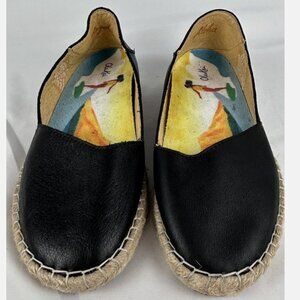Olukai Kaula Pa'a 'Ili Black Leather Espadrille Cork Slip On Shoes Womens 7